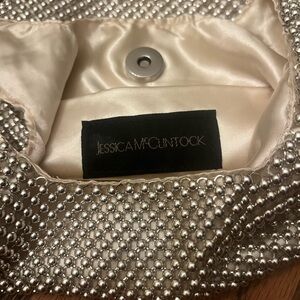 Jessica McClintock Silver beaded wristlet bag satin interior